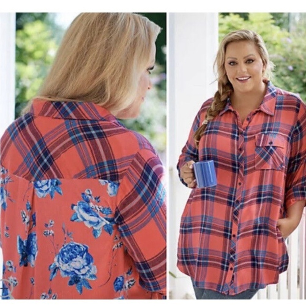 Tolani Collection Flannel Floral Neicy Plaid Button Shirt Tunic Red Blue Size 1X
